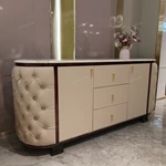 Oval Marble-Top Sideboard with Deep Button-Tufted Leather Panels and High-Gloss Lacquer Frame